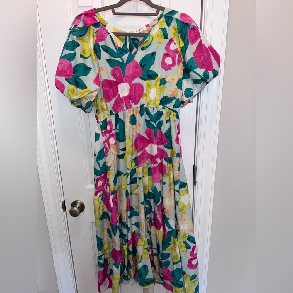 Umgee womens Floral Dress with Pink and Green